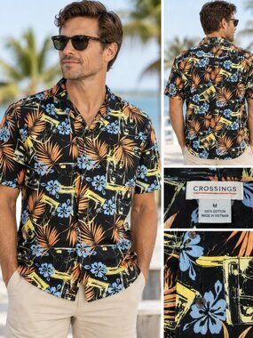 Crossings Mens M Hawaiian Shirt Vintage Camera Hibiscus Palm Aloha 100% Cotton